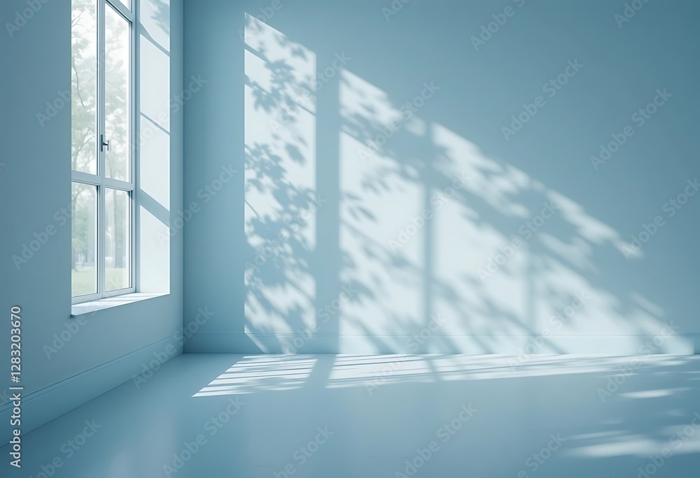 Poster sunlit interior with tree shadows creating serene patterns on the wall
