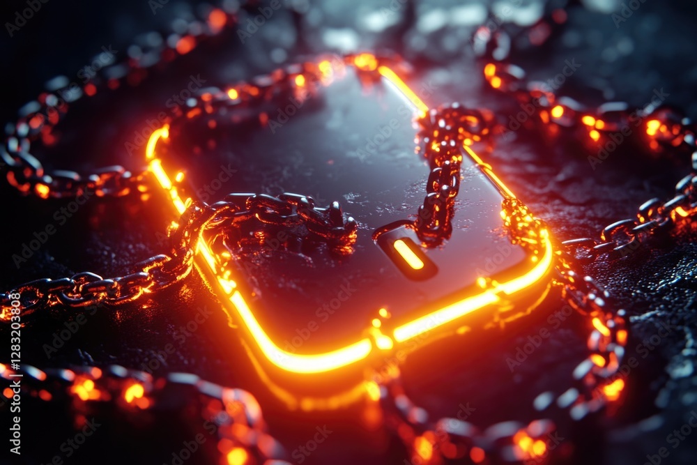 Poster a shining neon light forms a padlock on a chain, perfect for locking or unlocking creative concepts