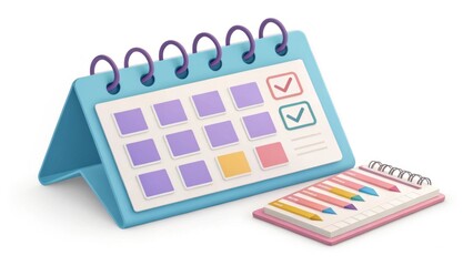 A colorful, stylized desk calendar with checkboxes and a notepad featuring colored pencils, ideal for planning and organization.