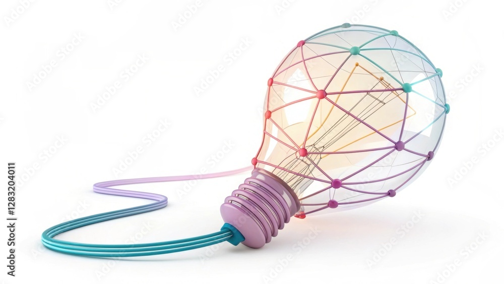 Poster a modern light bulb design with a colorful geometric structure, illuminated by soft light, symbolizi