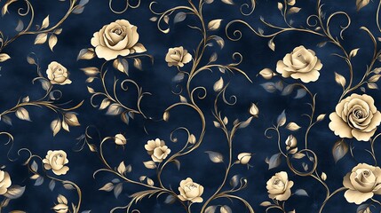 A seamless Baroque-inspired floral pattern, with stylized roses and delicate vines symmetrically arranged over a deep navy canvas.