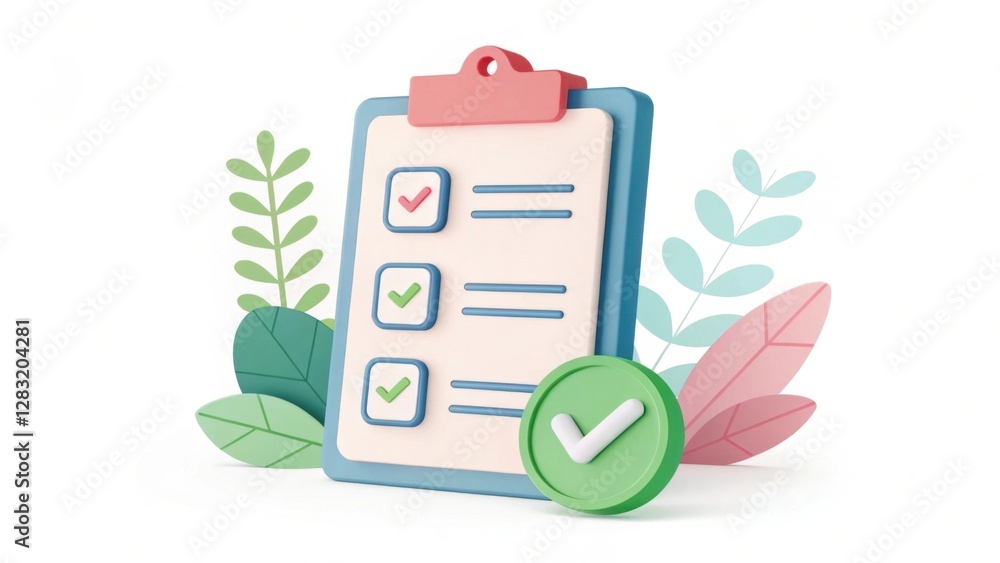 Poster a colorful checklist with checkmarks on a clipboard surrounded by leaves, symbolizing organization a