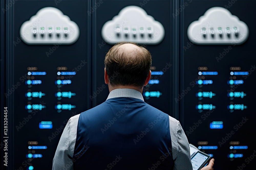 Poster a professional examining cloud computing servers, showcasing data management and technology in a mod