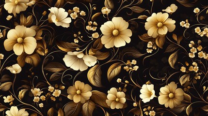 A seamless botanical cascade in Art Nouveau style, featuring flowing gold floral elements and delicate vine tendrils over a dark espresso background. The composition exudes vintage elegance,