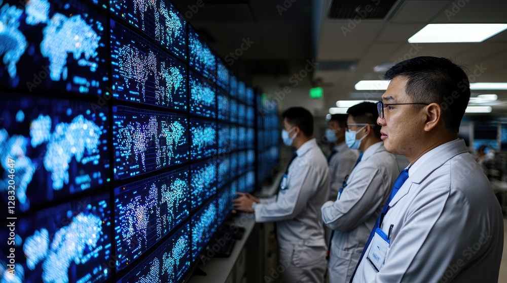 Poster medical professionals observe data on multiple screens, analyzing visualizations to support healthca