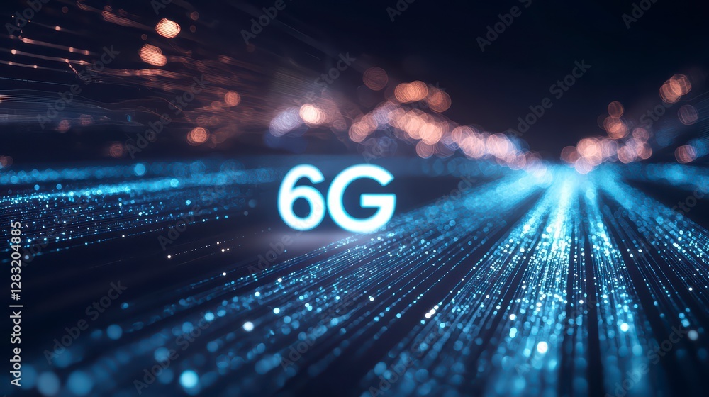 Poster 6g digital stream: an illuminated 6g symbol amidst a network of glowing digital data streams, illust