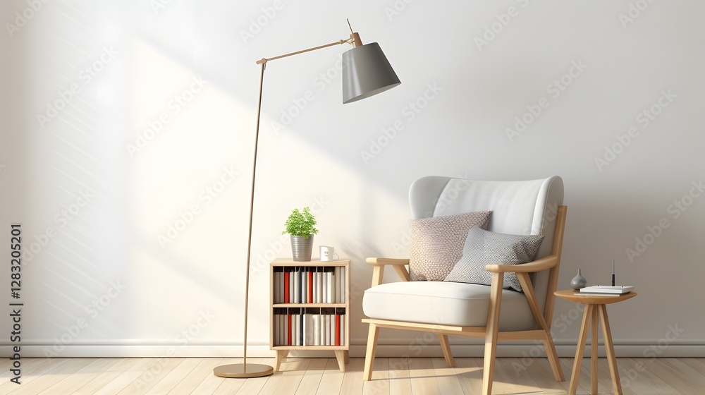 Aufkleber cozy and inviting nordic inspired reading nook with a comfortable armchair floor lamp and neatly sta