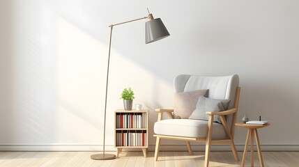 Cozy and Inviting Nordic Inspired Reading Nook with a Comfortable Armchair Floor Lamp and Neatly Stacked Books for a Peaceful and Relaxing Atmosphere