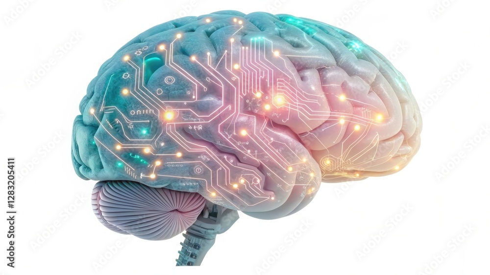 Poster a futuristic brain with circuit patterns, symbolizing the intersection of technology and human cogni