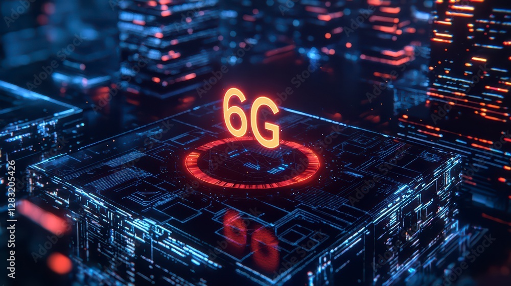 Aufkleber 6g technology: a futuristic digital rendering of a circuit board pulses with energy, its glowing com