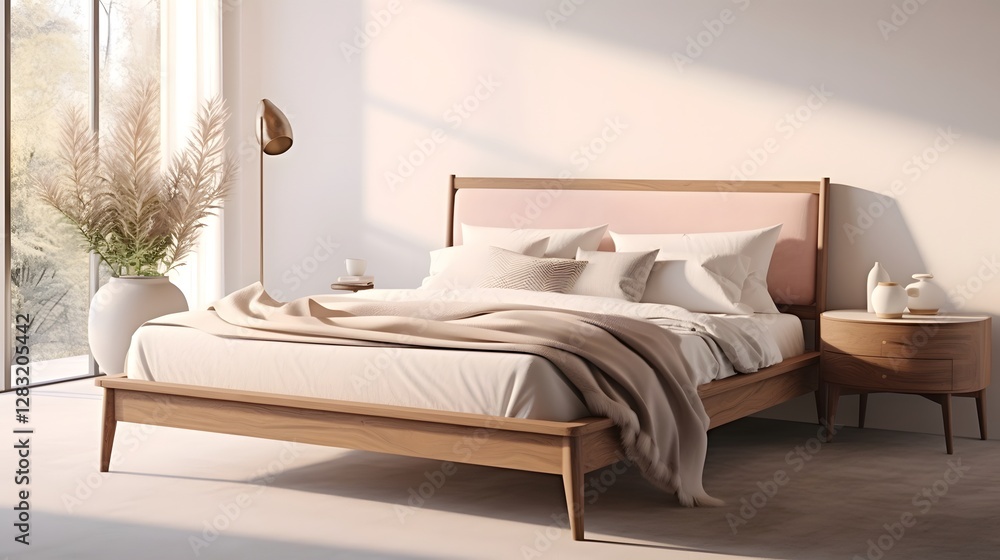 Poster cozy and serene scandinavian style bedroom featuring a bed with a knitted throw blanket soft pillows