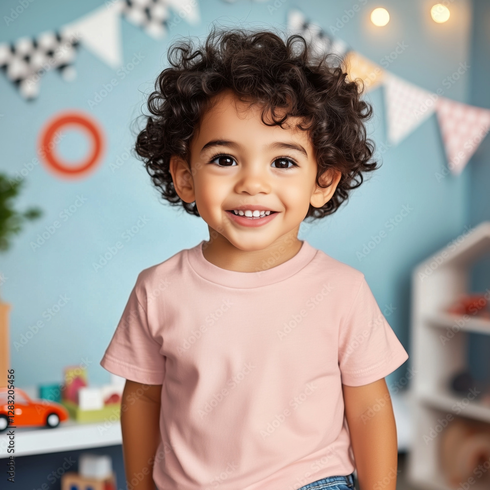 Wall mural Toddler boy model wearing short sleeve crewneck tee, sitting in nursery room decorated for birthday holiday party. Kids basic pink t-shirt mockup. Children's blank casual regular fit shirt template