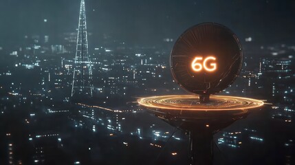Future of connectivity: A futuristic cityscape, crowned by an innovative 6G antenna, bathed in a cool, atmospheric glow, signifying the advancements and cutting edge technological connectivity. 