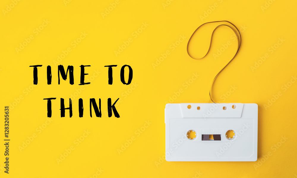 Poster white cassette tape is hanging from a string with a question mark on it