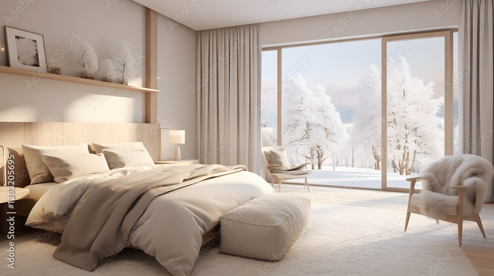 Poster cozy and elegant nordic inspired bedroom with soft textures and wooden accents a peaceful and serene
