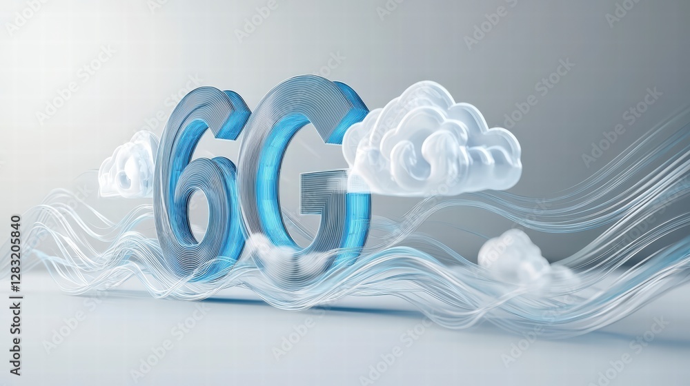 Poster 6g connectivity: a futuristic 6g concept, depicted with a modern design of floating clouds and dynam
