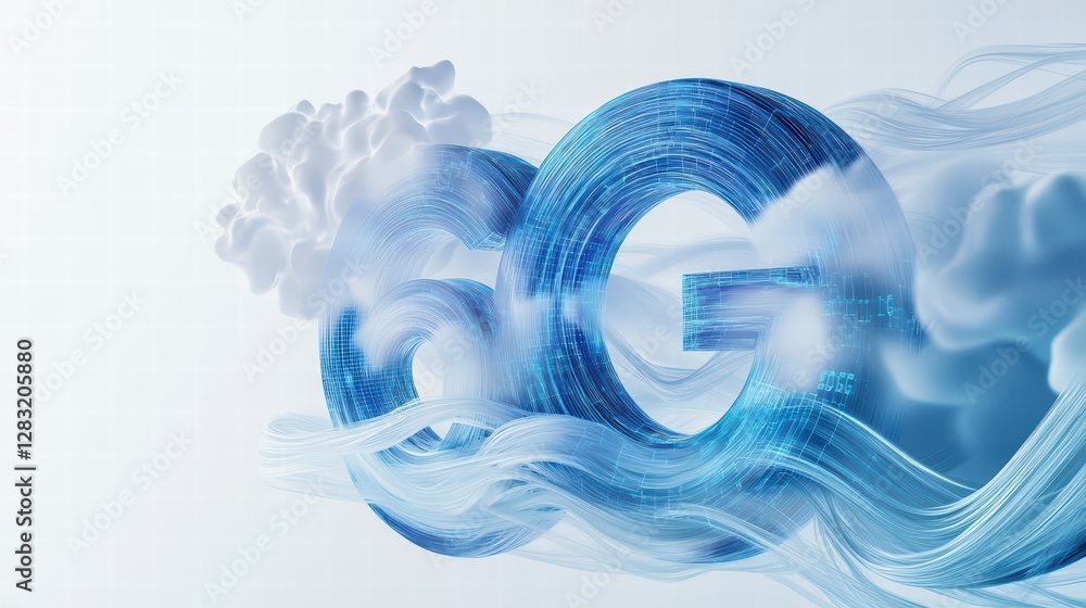 Poster evolving connectivity: an artistic representation of the 5g network logo, intertwined with ethereal 