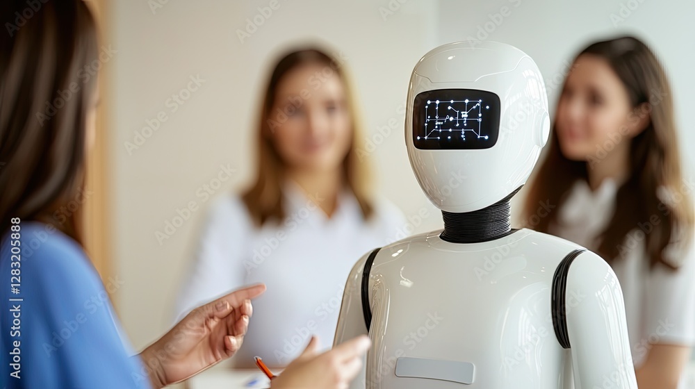 Poster a humanoid robot interacts with a woman while two others observe, showcasing advancements in robotic