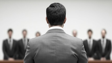 A man in a suit stands with his back to a group of individuals in suits, suggesting a formal meeting or courtroom setting.