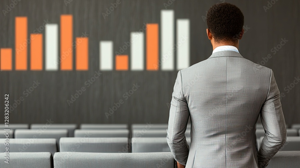 Aufkleber a suited man stands in front of a wall displaying colorful bar charts, suggesting a professional or 
