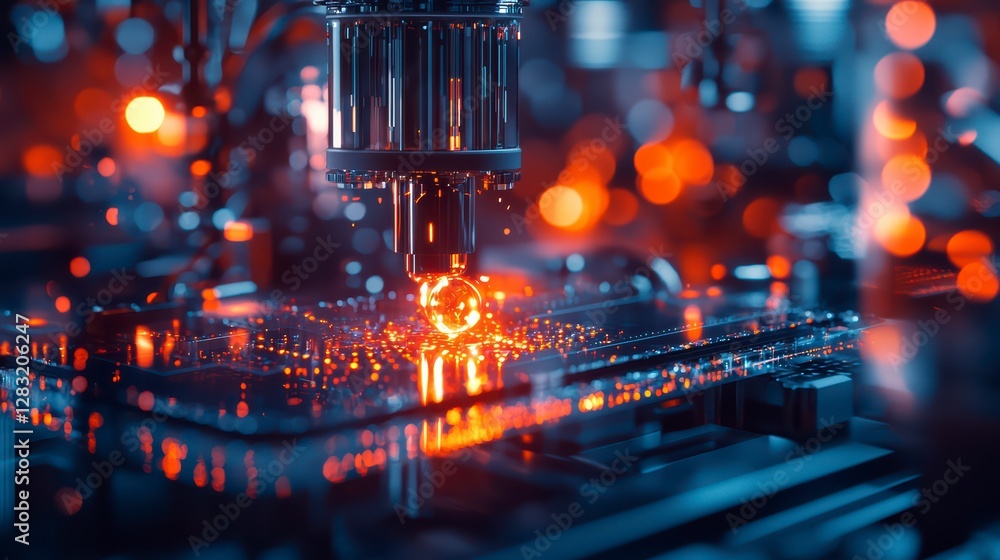 Poster illuminating innovation: close-up of a high-tech robotic arm meticulously working on a circuit board