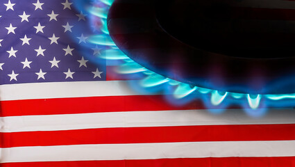 USA flag and hob burner of blue gas, cost of gas, the euro crisis, sancions on russian gas, hob...