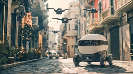 Naklejka premium The Future of Delivery: Autonomous robots and drones navigate a historic city street, revolutionizing the transport of goods and redefining urban logistics.