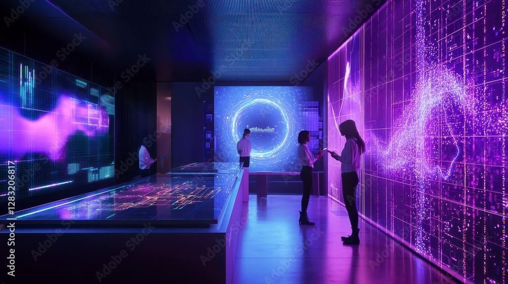 Aufkleber tech-driven insights: visitors marvel at a futuristic display of data visualization and cutting-edge
