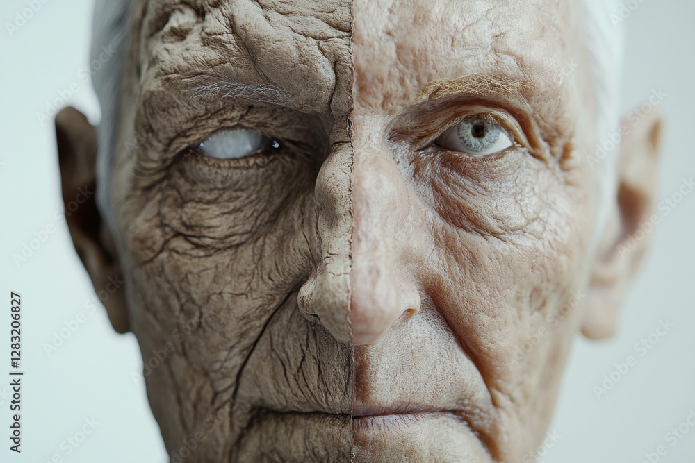 Poster Transformation of an aged face showcasing wrinkles on one side and youthful smoothness on the other side. Generative AI