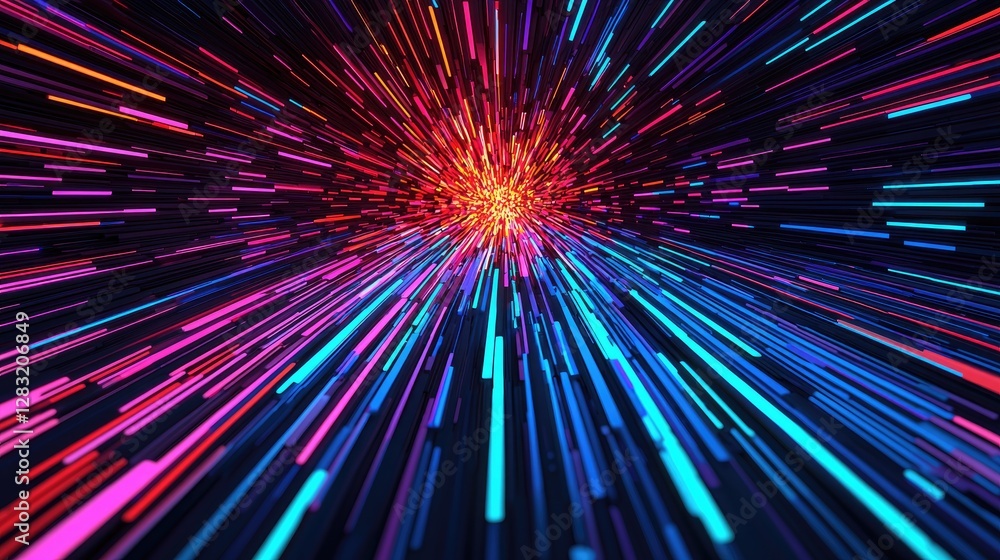 Poster a vibrant depiction of colorful light streaks radiating from a central point, creating a dynamic sen