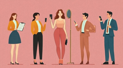 Fototapeta premium A vibrant illustration of diverse professionals engaging with technology, showcasing modern communication in a stylish workspace.
