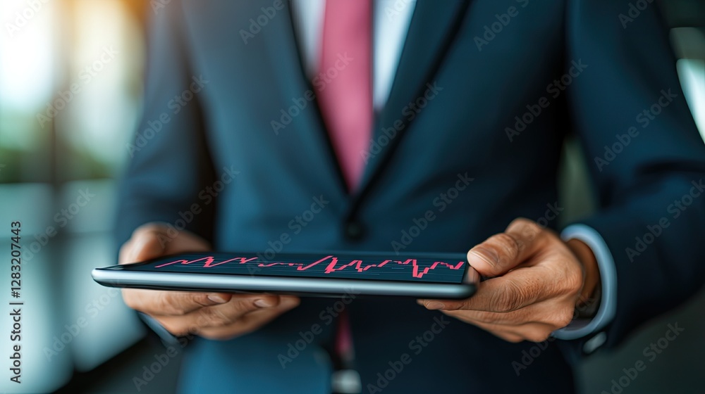 Poster a businessman in a suit holds a tablet displaying financial data, showcasing technology and analysis