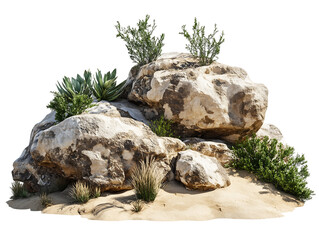 Desert rocks and plants on sand, transparent background.  Light beige and brown stones with green succulents. 
