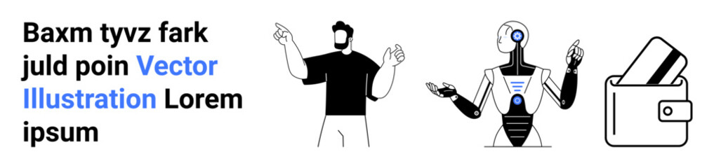 Man interacting with a robot, digital wallet with credit cards, random text. Ideal for technology, AI, fintech, digital payment, future tech human-robot interaction innovation. Landing page