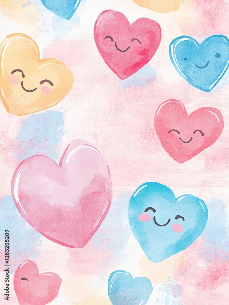 Poster Colorful watercolor hearts with smiling faces in various shades on a pastel background creating a joyful atmosphere. Generative AI