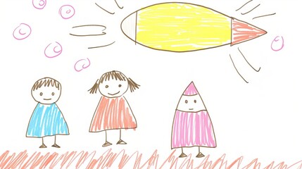Children's sketch art with rocket and smiling stick figures.