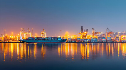 Naklejka premium Nighttime Cityscape View Of Cargo Ship At Port Reflecting In Water With Bright Lights And Blue Sky