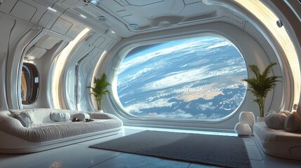 Naklejka premium Futuristic Space Interior with Earth View: Step into a futuristic space-age living room, where expansive windows offer breathtaking views of planet Earth, blending comfort and cosmic wonder. 