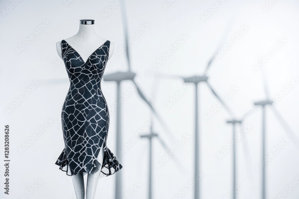 Poster a mannequin stands in front of a row of wind turbines, providing an informative display