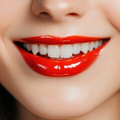 Fototapeta premium close up of a smiling woman with freshly applied lipstick