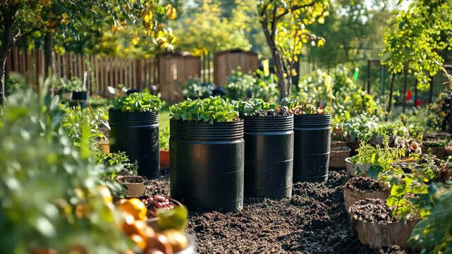 Compost bins surrounded by fresh garden soil, promoting food waste reduction.