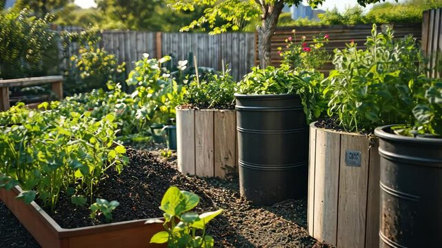 Compost bins surrounded by fresh garden soil, promoting food waste reduction.