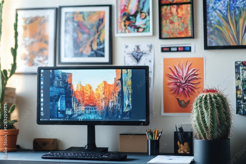 Poster a computer monitor sitting on a desk with a minimalistic background, suitable for use as a graphic e