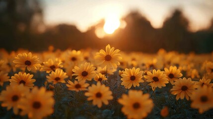 Golden sunset over a field of daisies