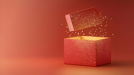 Red Open Gift Box with Sparkling Glitter Particles against Red Background in Studio Shot
