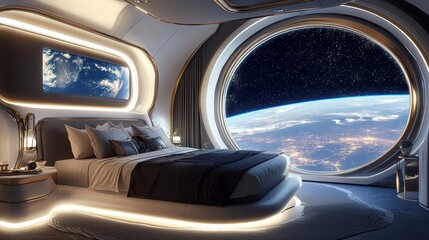 Fototapeta premium Luxury Space Habitation: An interior view of a luxurious space habitat bedroom, showcasing a panoramic view of Earth, a modern bed, and advanced technology elements.