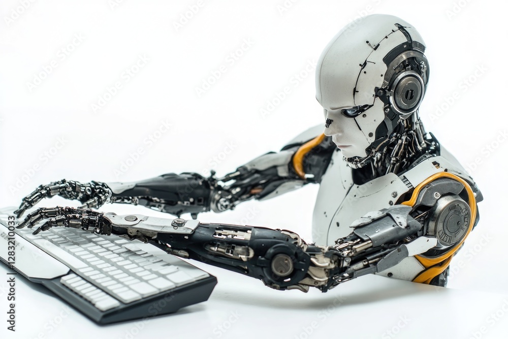Poster a robot sitting at a computer desk typing on a keyboard, often used for illustration or concept art