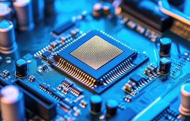 Close-up of a microchip on circuit board with electronic components