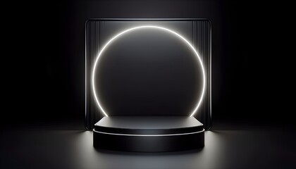 Black podium or pedestal display on dark background with long platform. Blank product shelf standing backdrop. 3D rendering.