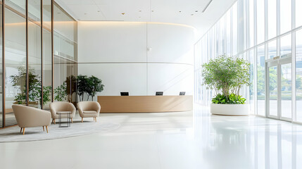 Obraz premium Modern Minimalist Office Lobby with White Walls and Floor Natural Light and Green Plants